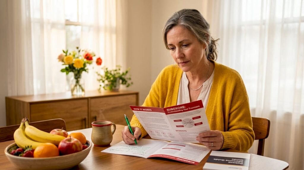Woman reading Suboxone information at kitchen table