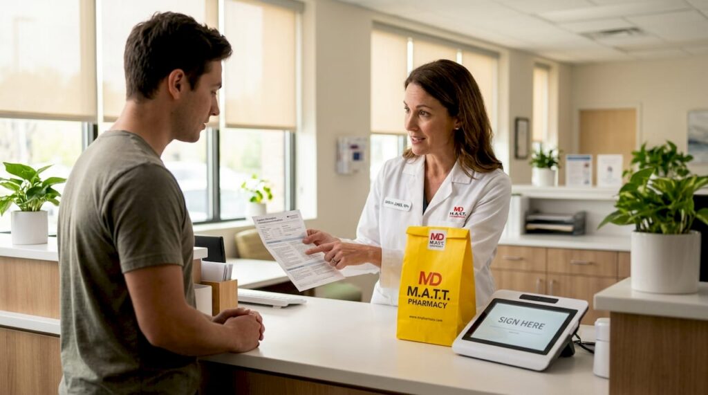 Pharmacist explaining medication to patient