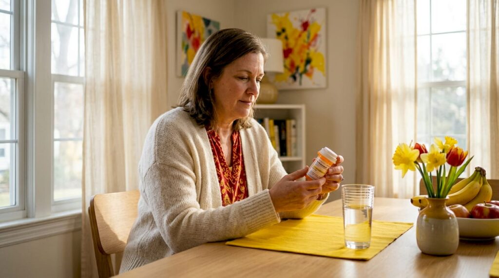 Woman examines Suboxone bottle at kitchen table