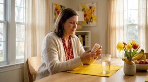 Woman examines Suboxone bottle at kitchen table