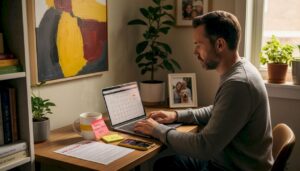 Man working on recovery plan at kitchen table