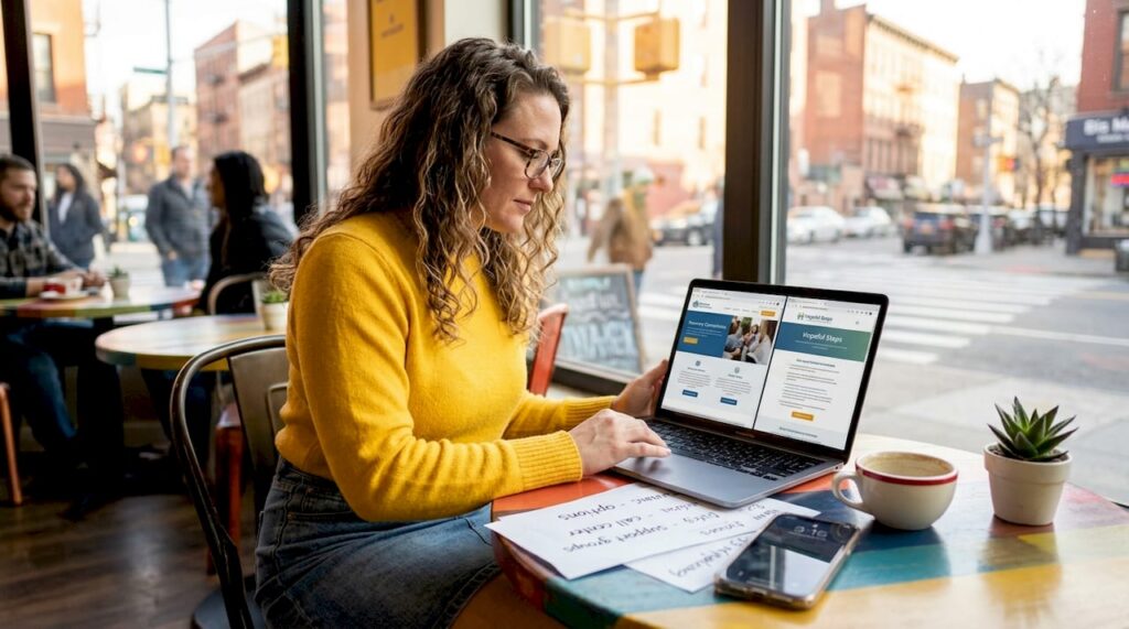 Woman comparing recovery support options on laptop