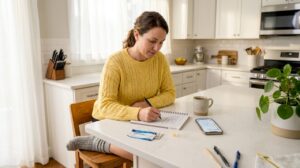 Woman tracking Suboxone dose at kitchen table