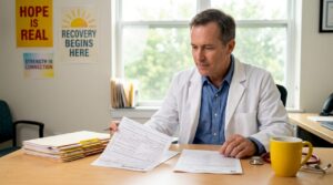 Doctor reviewing Suboxone renewal paperwork
