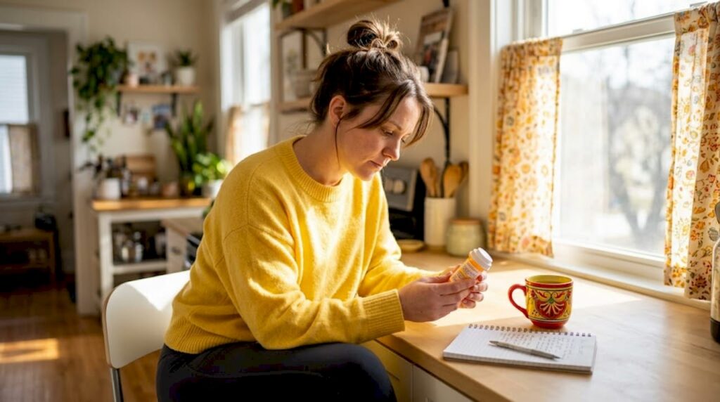 Woman at kitchen table reading medication instructions