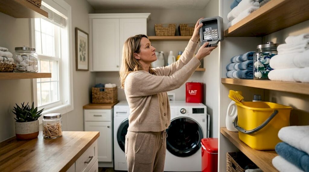Woman storing medication lockbox on closet shelf