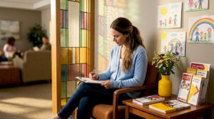 Patient completing form in clinic waiting area