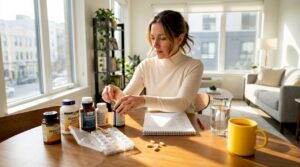 Woman reviewing supplement bottles at kitchen table