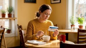 Woman reading Suboxone label at kitchen table