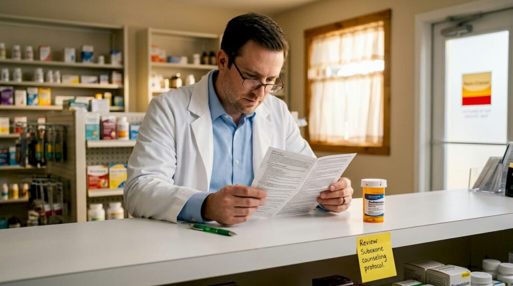 Pharmacist reviews Suboxone information at pharmacy