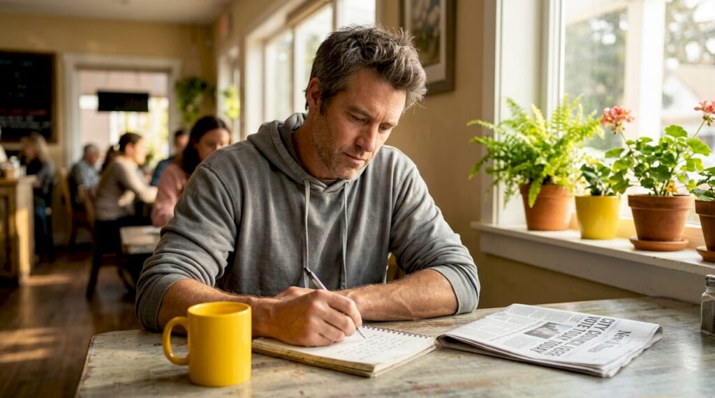 Man reflecting and writing at kitchen table
