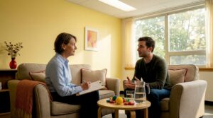 Clinician and patient in therapy consultation
