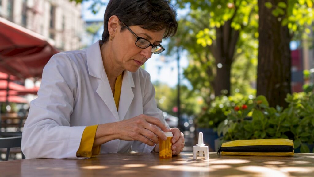 Pharmacist preparing Suboxone prescription at counter