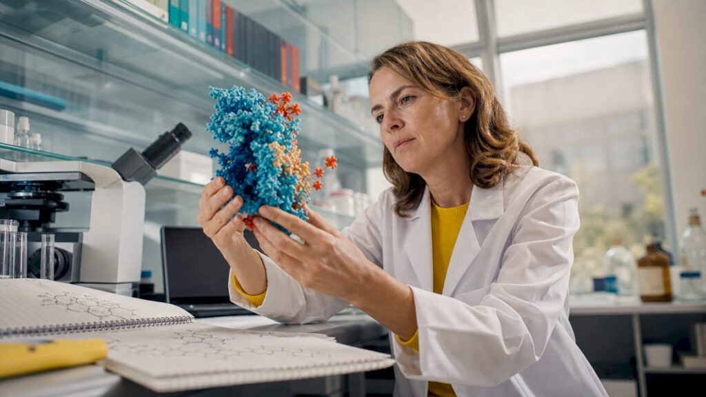 Scientist examining opioid receptor model