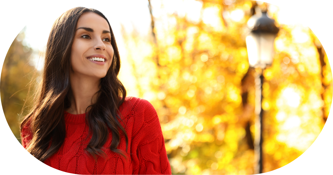 woman in red sweater smiling and learning about MD MATT