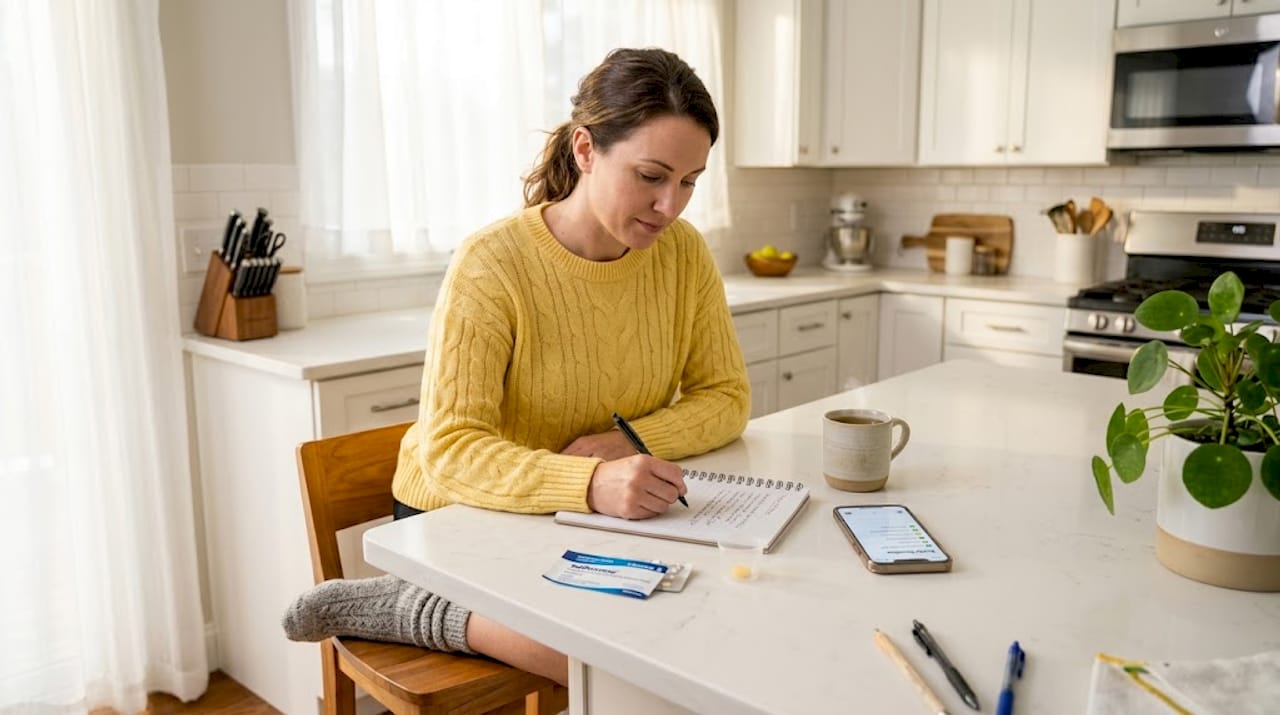 Woman tracking Suboxone dose at kitchen table