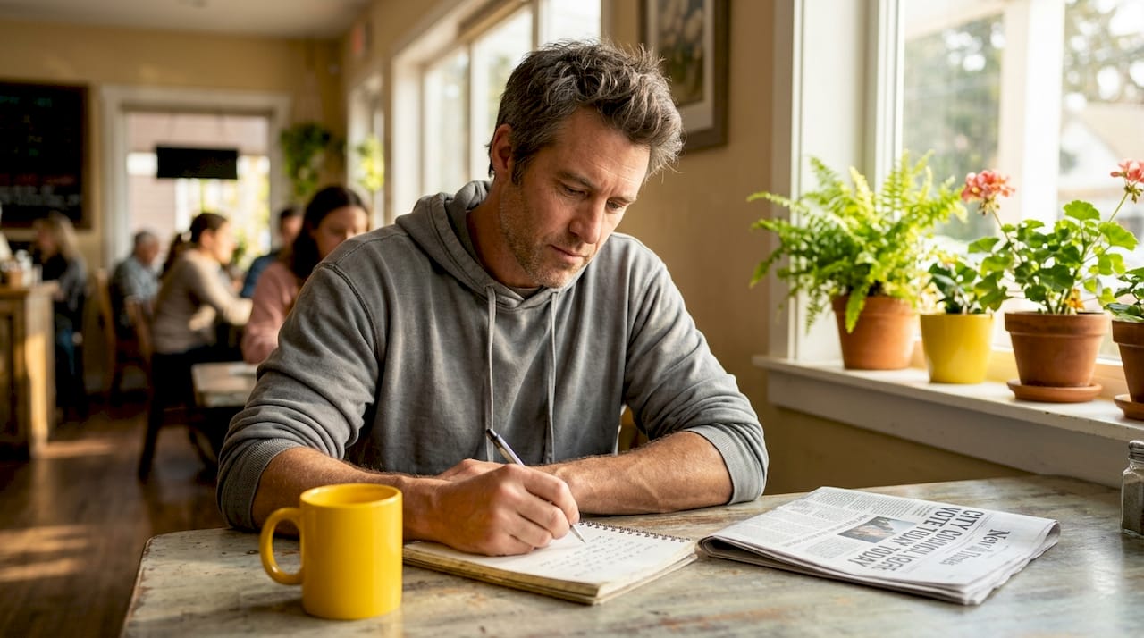 Man reflecting and writing at kitchen table