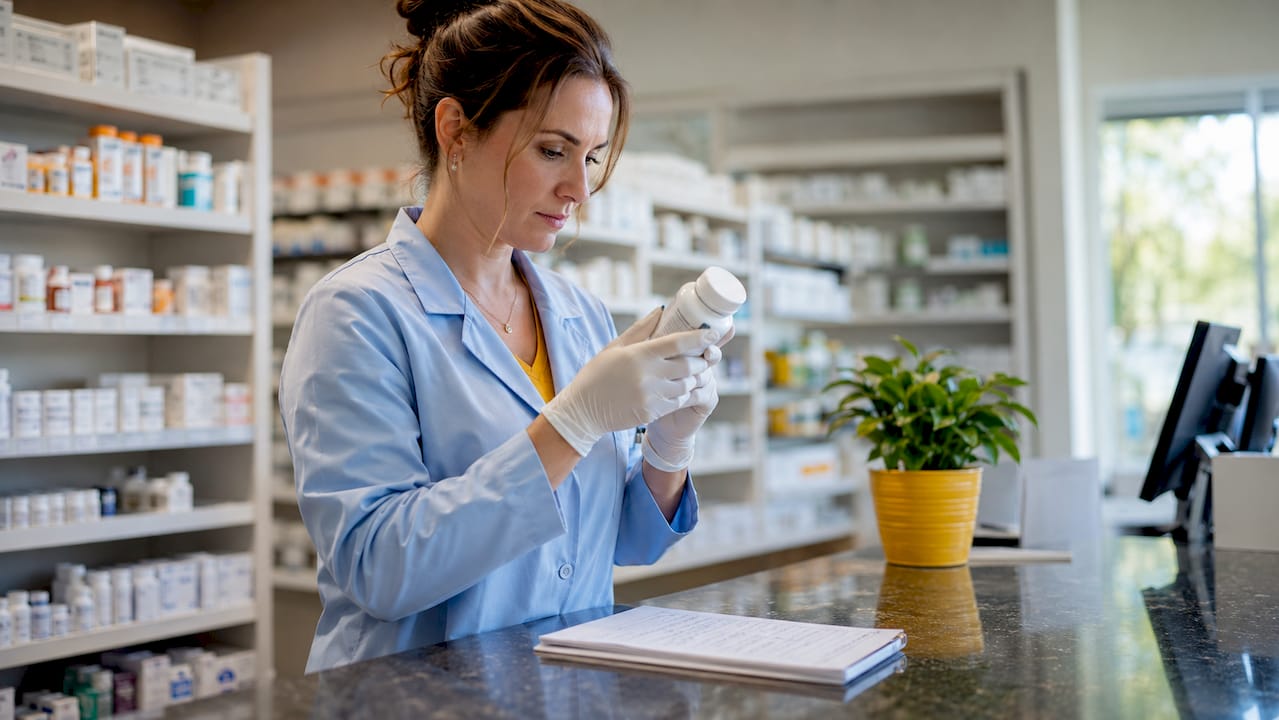 Pharmacist checking Suboxone medication bottle