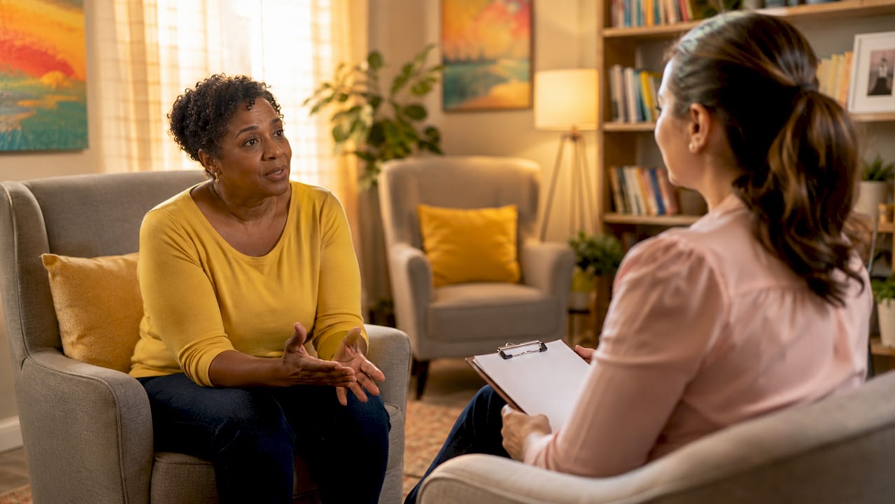 Patient discussing opioid recovery with counselor