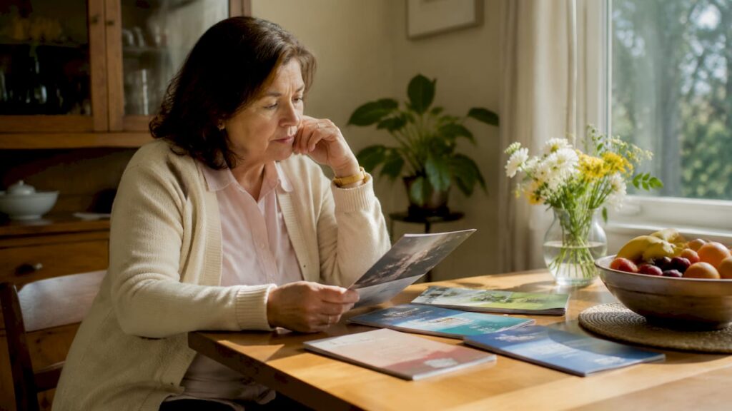 Woman reviewing addiction treatment options at home
