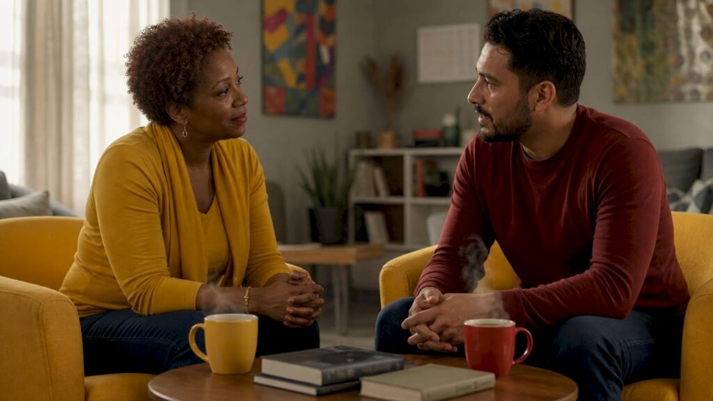 Two individuals engaged in peer recovery support conversation