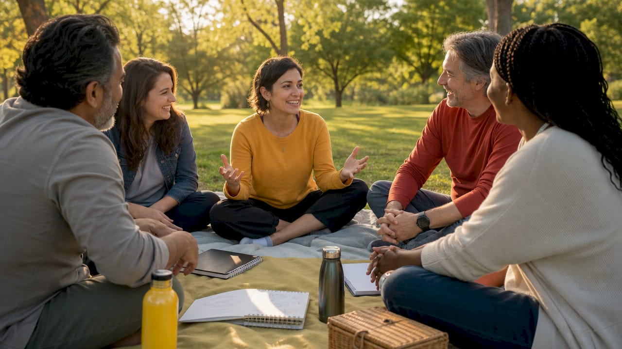 Diverse group engaged in sober support discussion