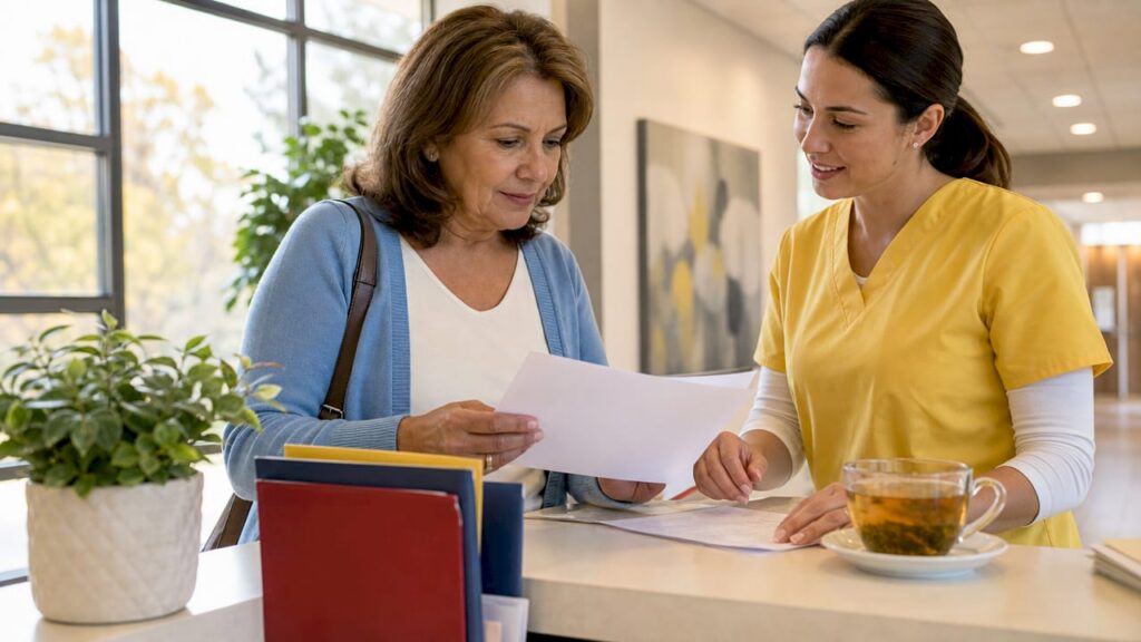 Patient discussing outpatient care with nurse at clinic desk