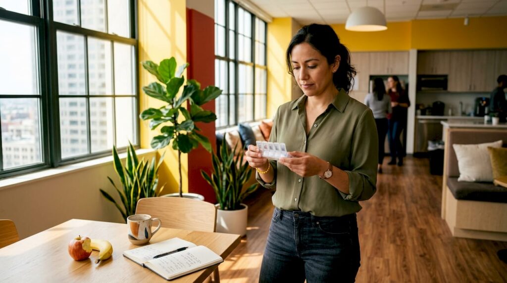 Woman managing Suboxone medication at office desk