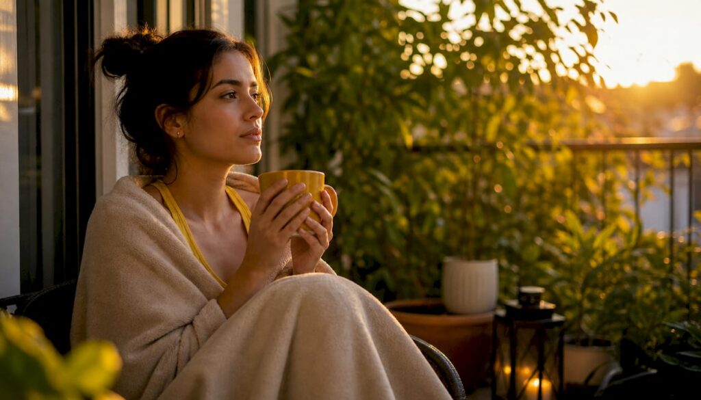 Woman thoughtful on couch with blanket and mug