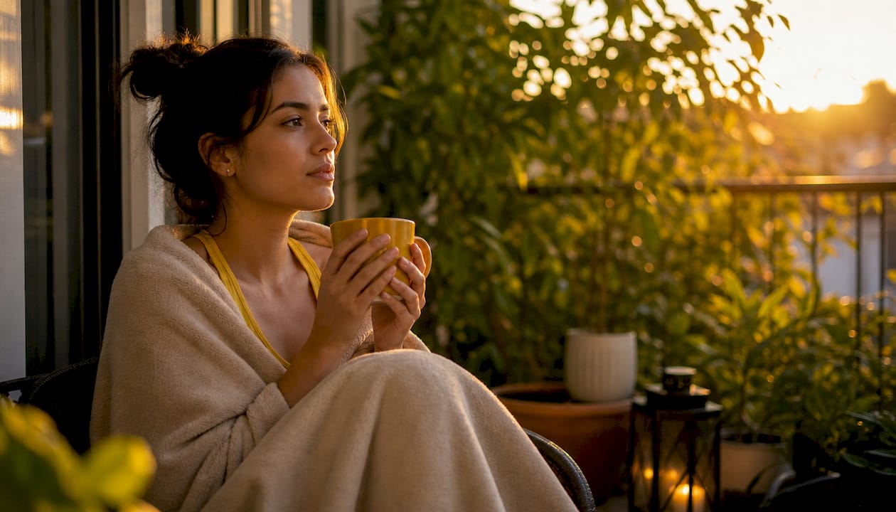 Woman thoughtful on couch with blanket and mug