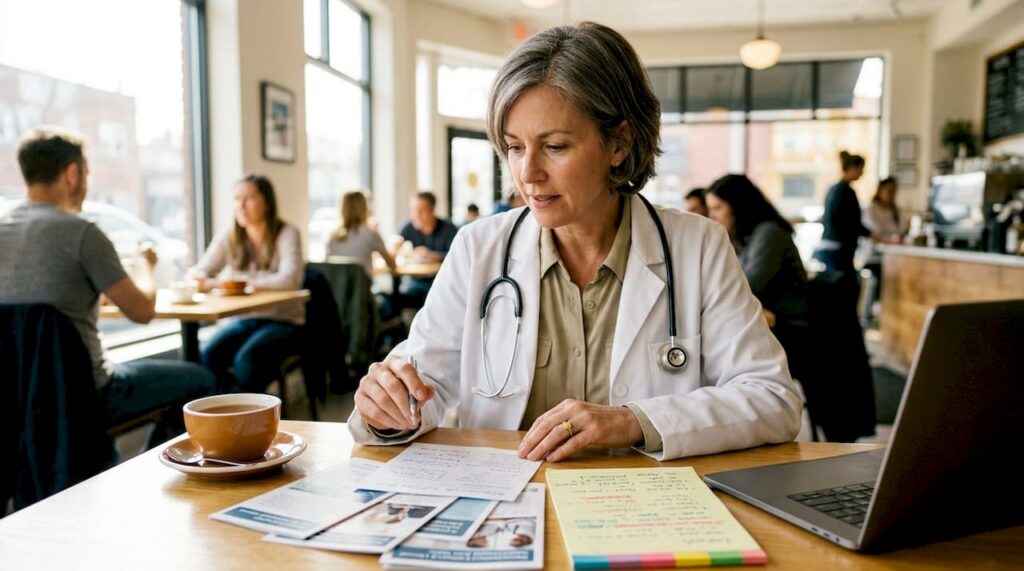 Healthcare provider reviewing treatment clinic brochures
