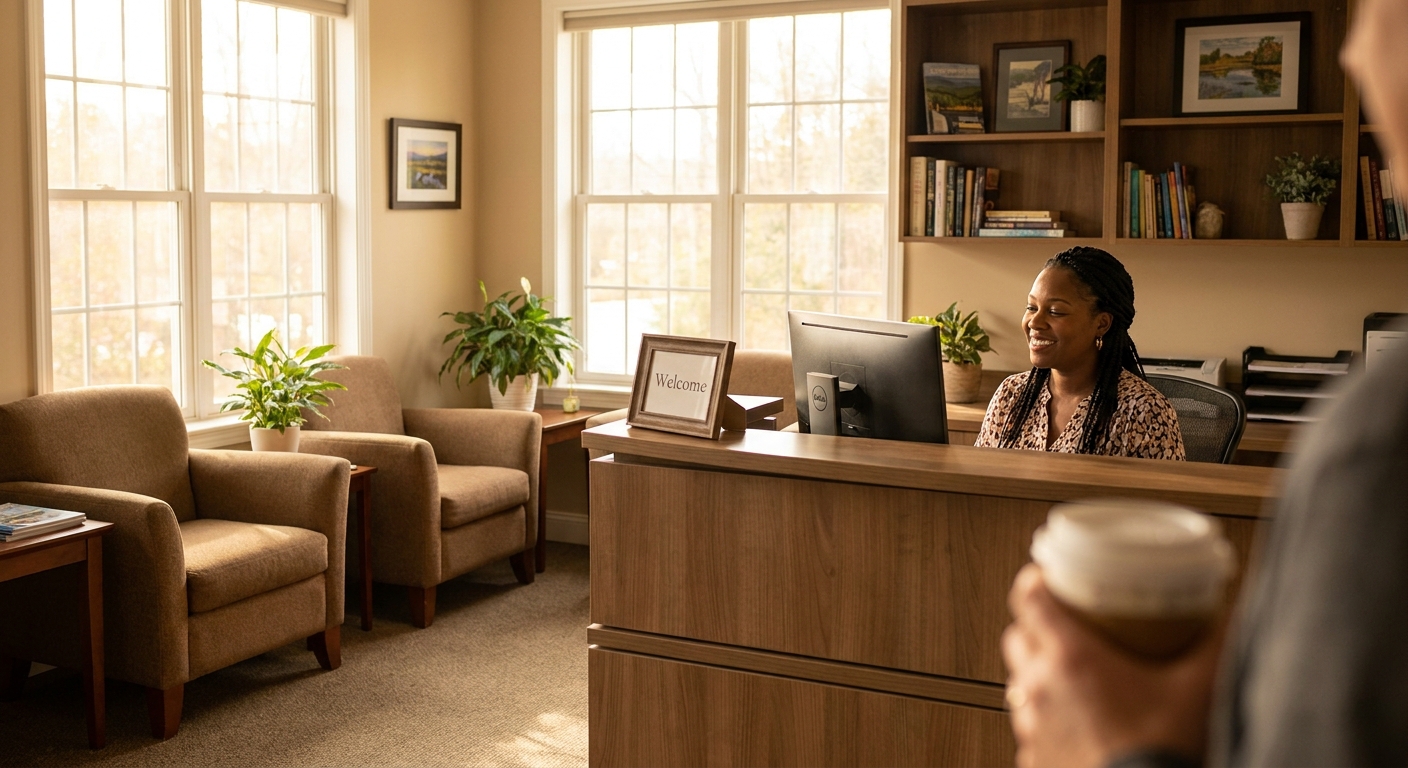 Welcoming receptionist greeting patient at MD M.A.T.T. clinic reception desk with warm, natural lighting