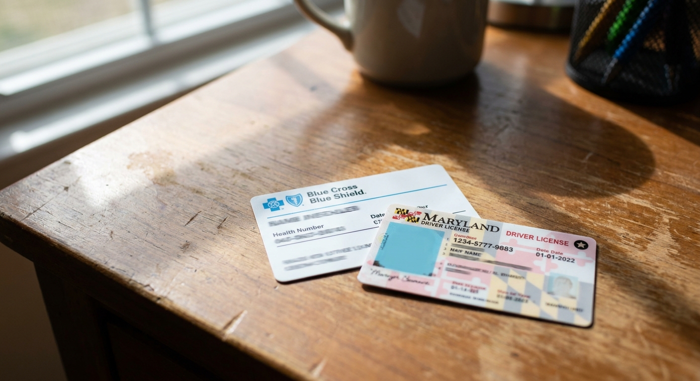 Blue Cross Blue Shield insurance card and Maryland ID on desk, representing insurance verification for Suboxone treatment coverage