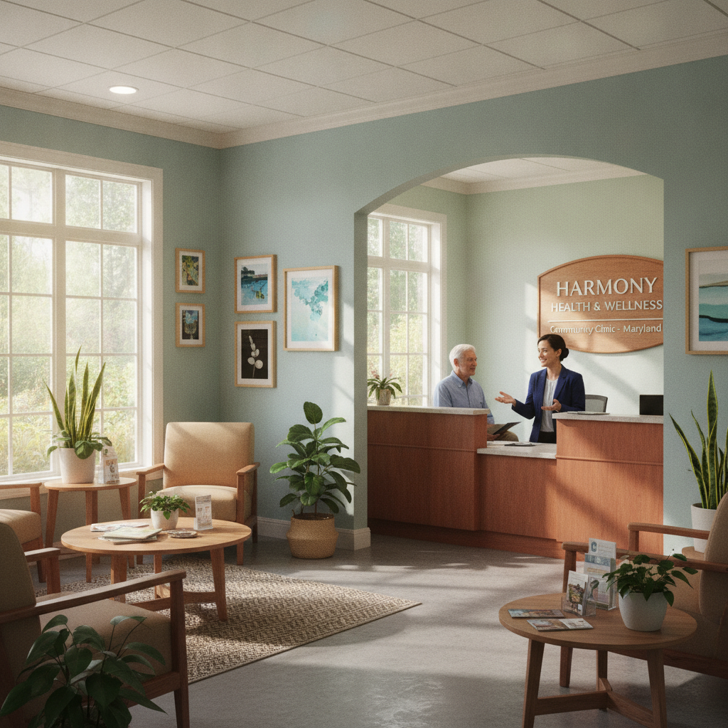 Welcoming community health clinic waiting room with natural light and staff member greeting patient in Maryland