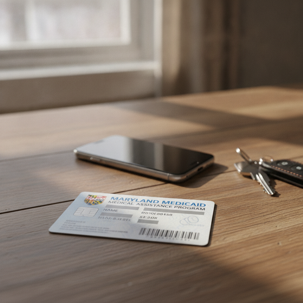 Maryland Medicaid insurance card on table with smartphone and car keys, representing preparation for a medical appointment