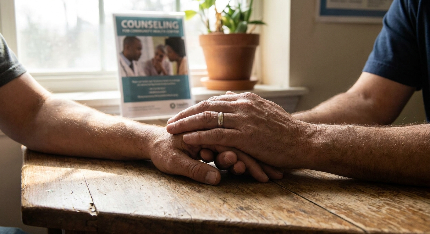 Two hands clasped together in support across a table, representing the community connection and personal care approach of MAT therapy in Maryland