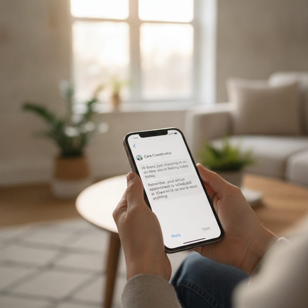 Person holding smartphone receiving text message at home, representing telehealth communication and remote healthcare support