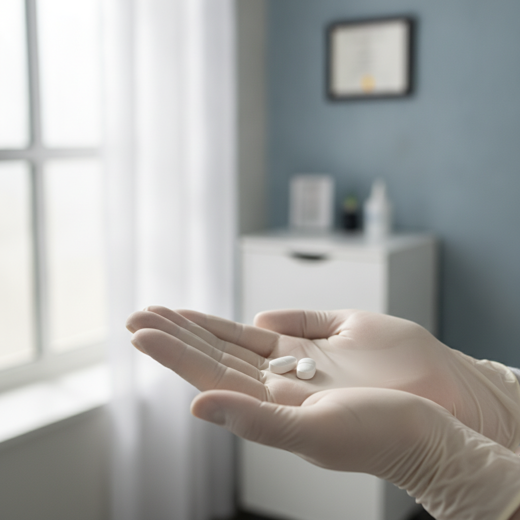 Healthcare provider holding sublingual buprenorphine medication tablets in clinical setting