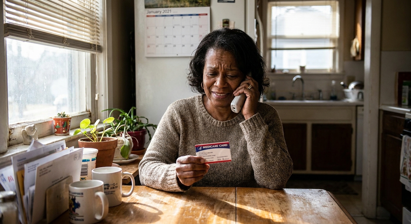 Woman calling about Medicare coverage for addiction treatment while holding Medicare card at kitchen table