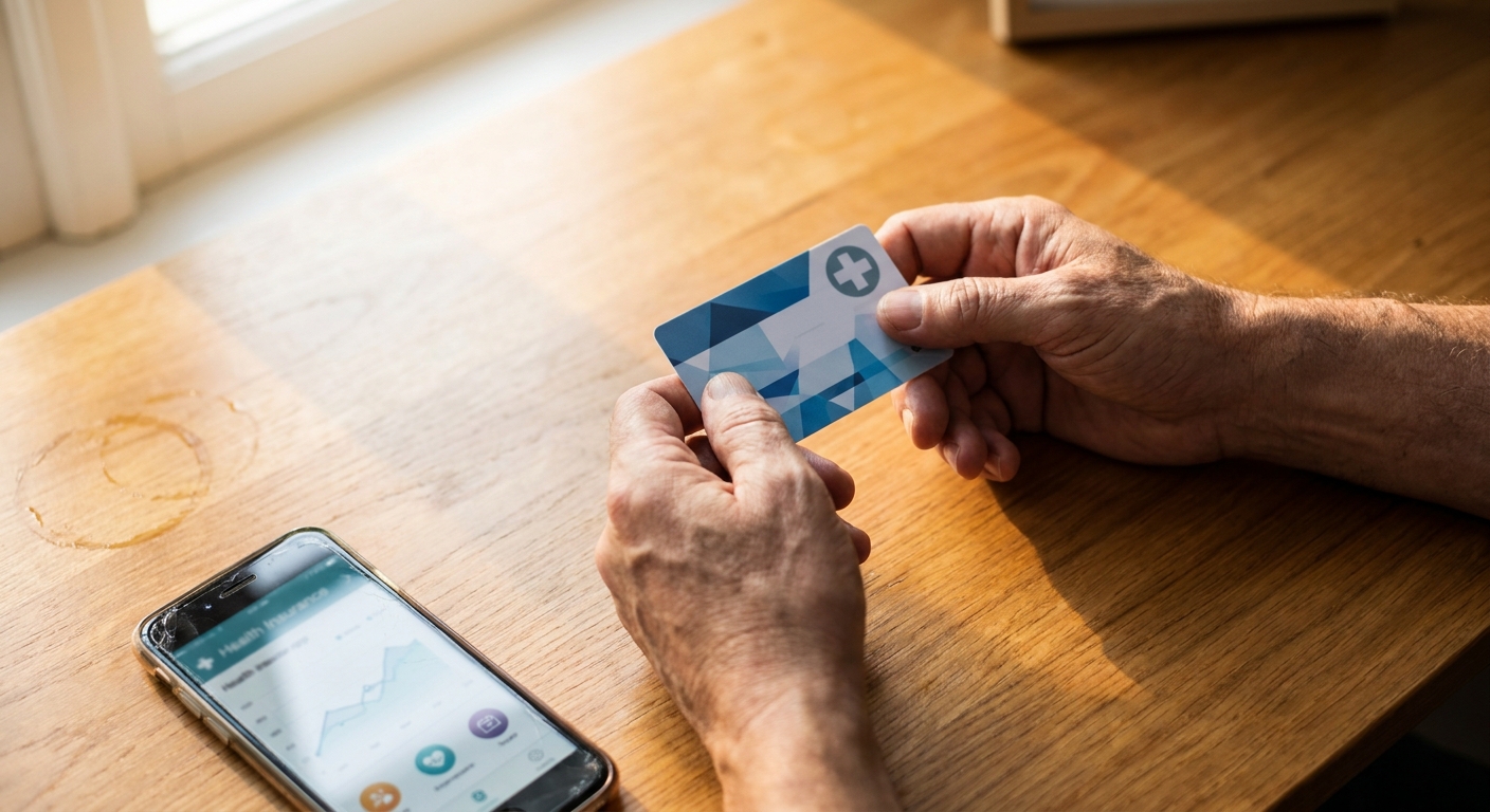 Person's hands holding health insurance card on desk with smartphone, representing preparation for medical appointment